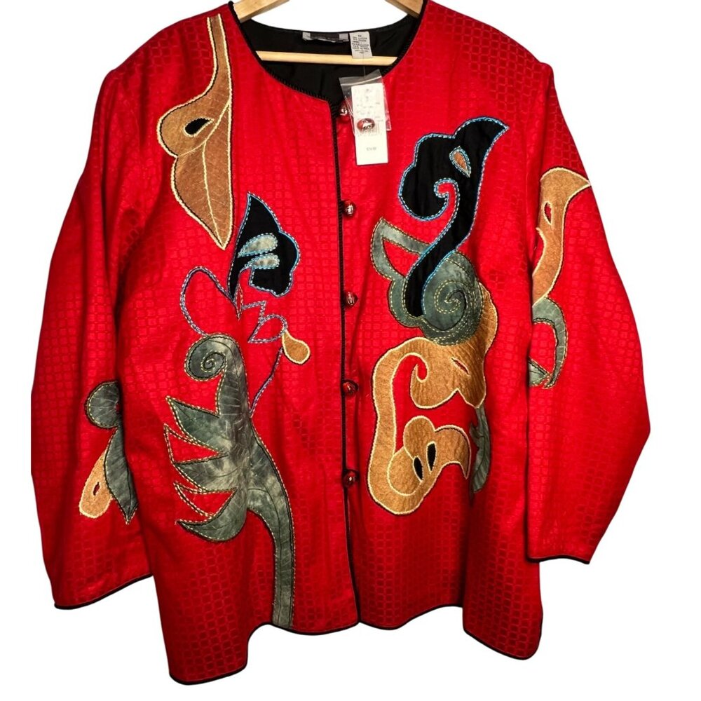 Maggie Barnes Red Jacket Embroidered Abstract Patterns 3X Cotton/Rayon Plus Size